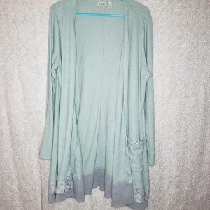 LOGO Lori Goldstein Knit Cardigan Womens XL Mint Green Lace Trim Open Front